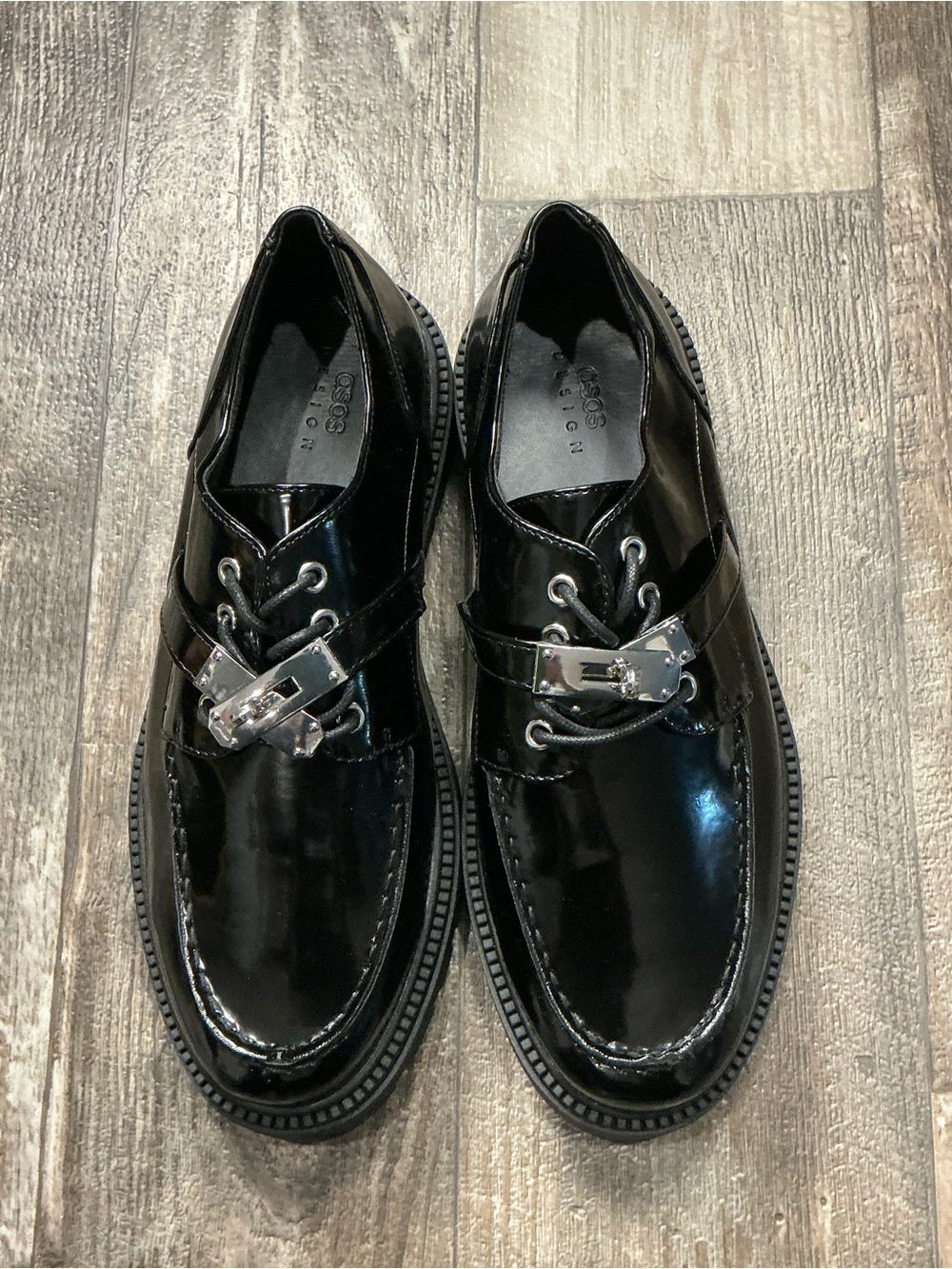 ASOS Black Patent Leather Lug Sole Slip-On Loafers Size 12 - Picture 14 of 16